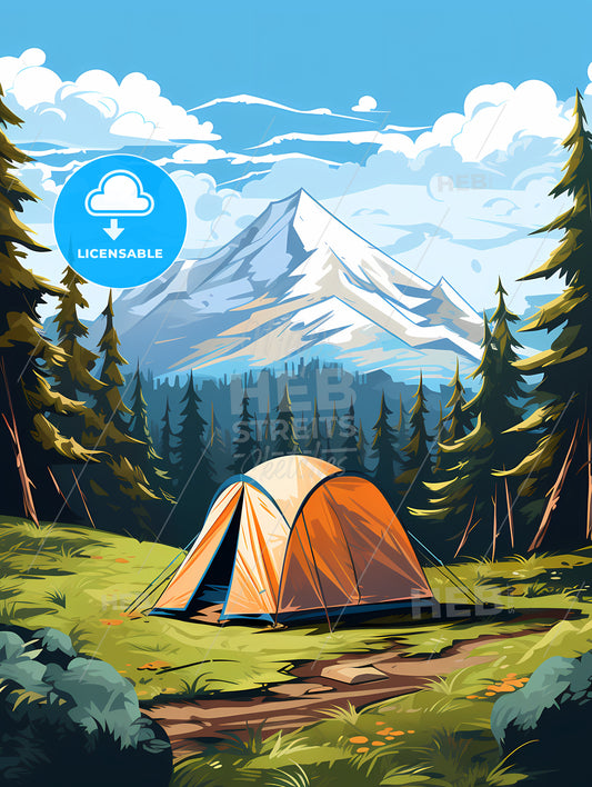 Tent In A Forest With Trees And Mountains In The Background