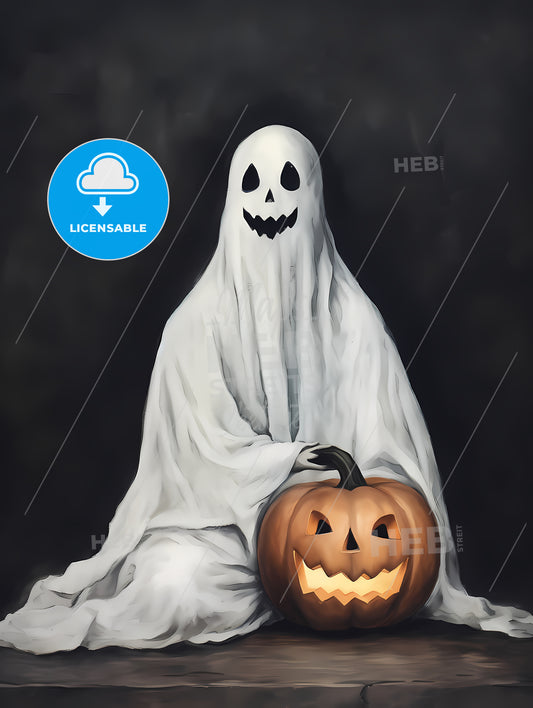 Person In A White Sheet With A Face And A Jack-O-Lantern