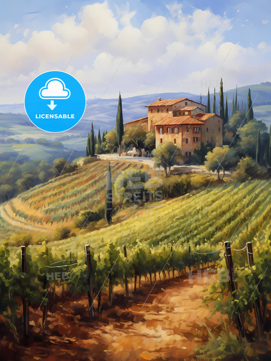 Painting Of A House On A Hill With Trees And A Vineyard