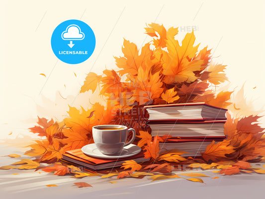 Cup Of Coffee And Books With Orange Leaves