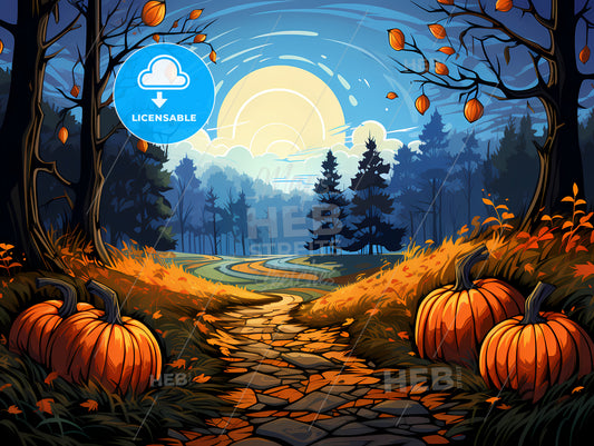 Stone Path With Pumpkins And Trees