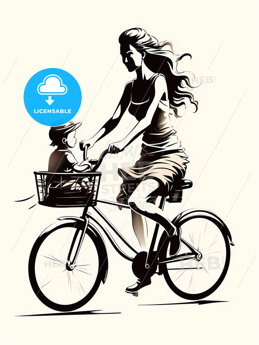 Woman Riding A Bicycle With A Child In A Basket