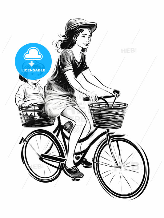Woman Riding A Bicycle With A Baby In Baskets