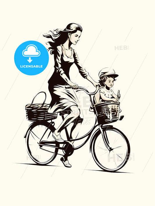 Woman Riding A Bicycle With A Child In Baskets