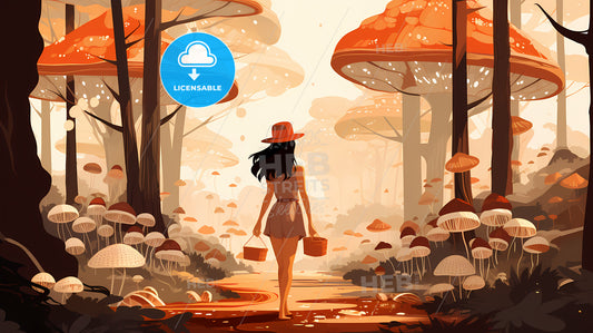 Woman Walking In A Forest With Mushrooms