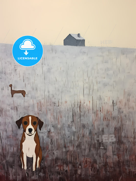 Painting Of A Dog In A Field With A House In The Background