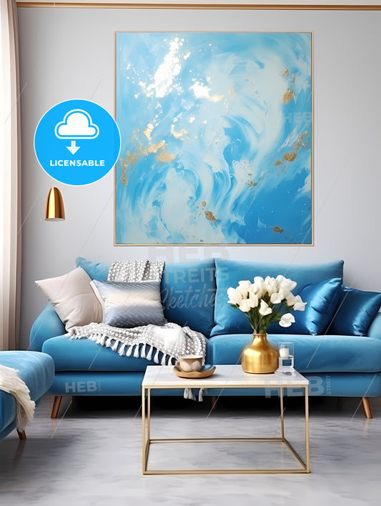 Blue And Gold Living Room With A Blue Couch And A Painting On The Wall