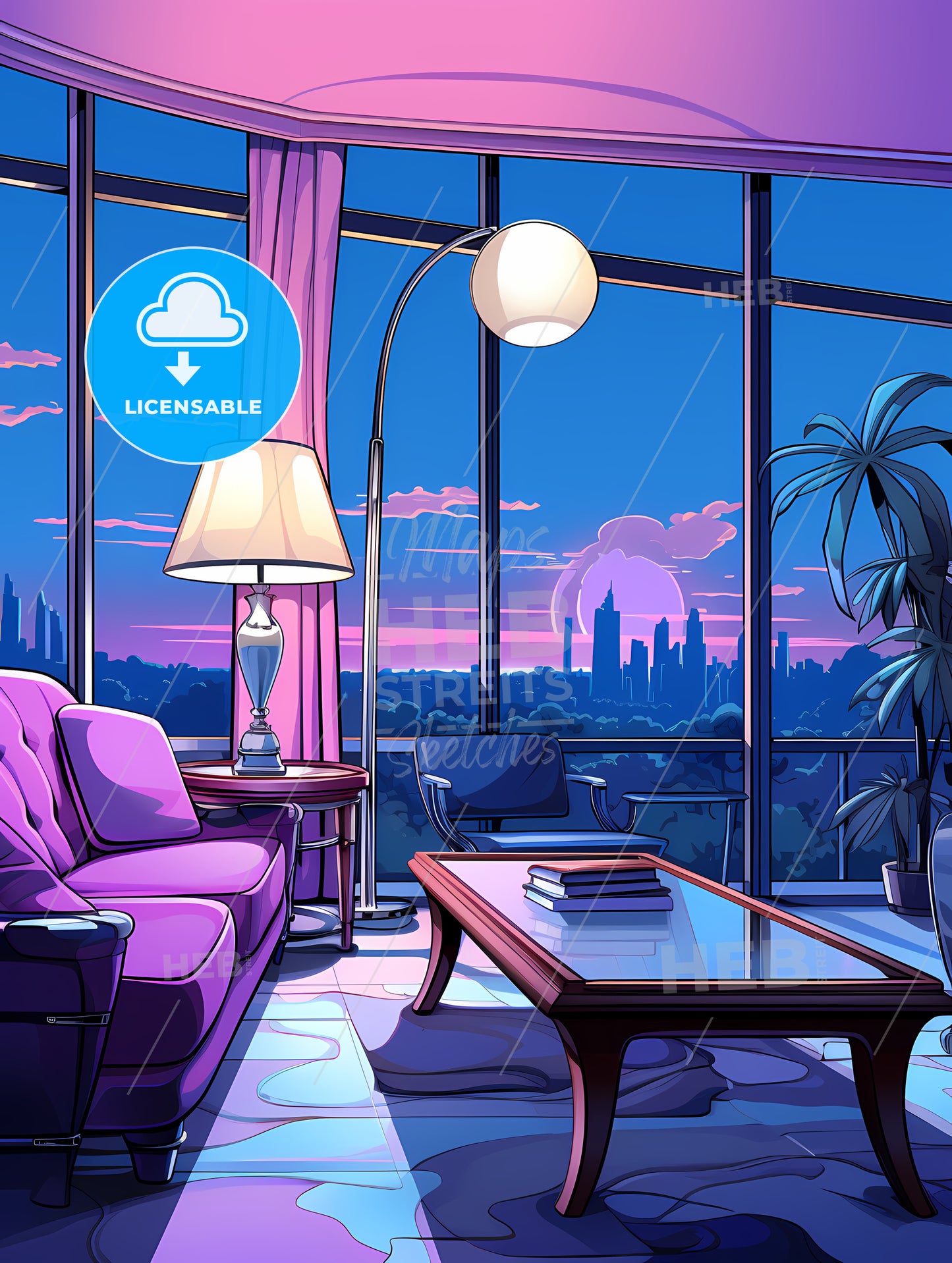 Living Room With A Window View Of A City