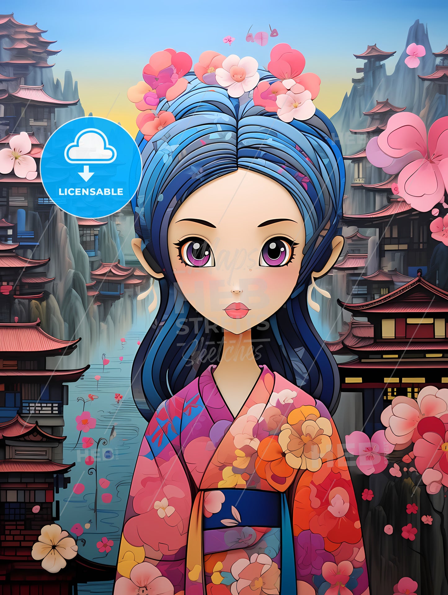 Cartoon Of A Woman With Flowers In Her Hair