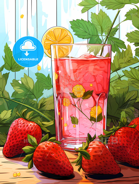 Glass Of Strawberry Juice With Strawberries And A Lemon