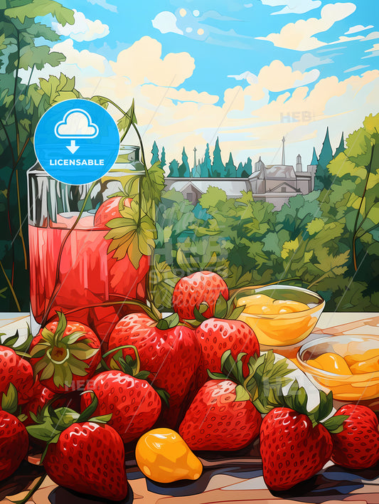 Painting Of Strawberries And A Glass Of Juice