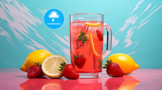 Glass Of Pink Drink With Strawberries And Lemons