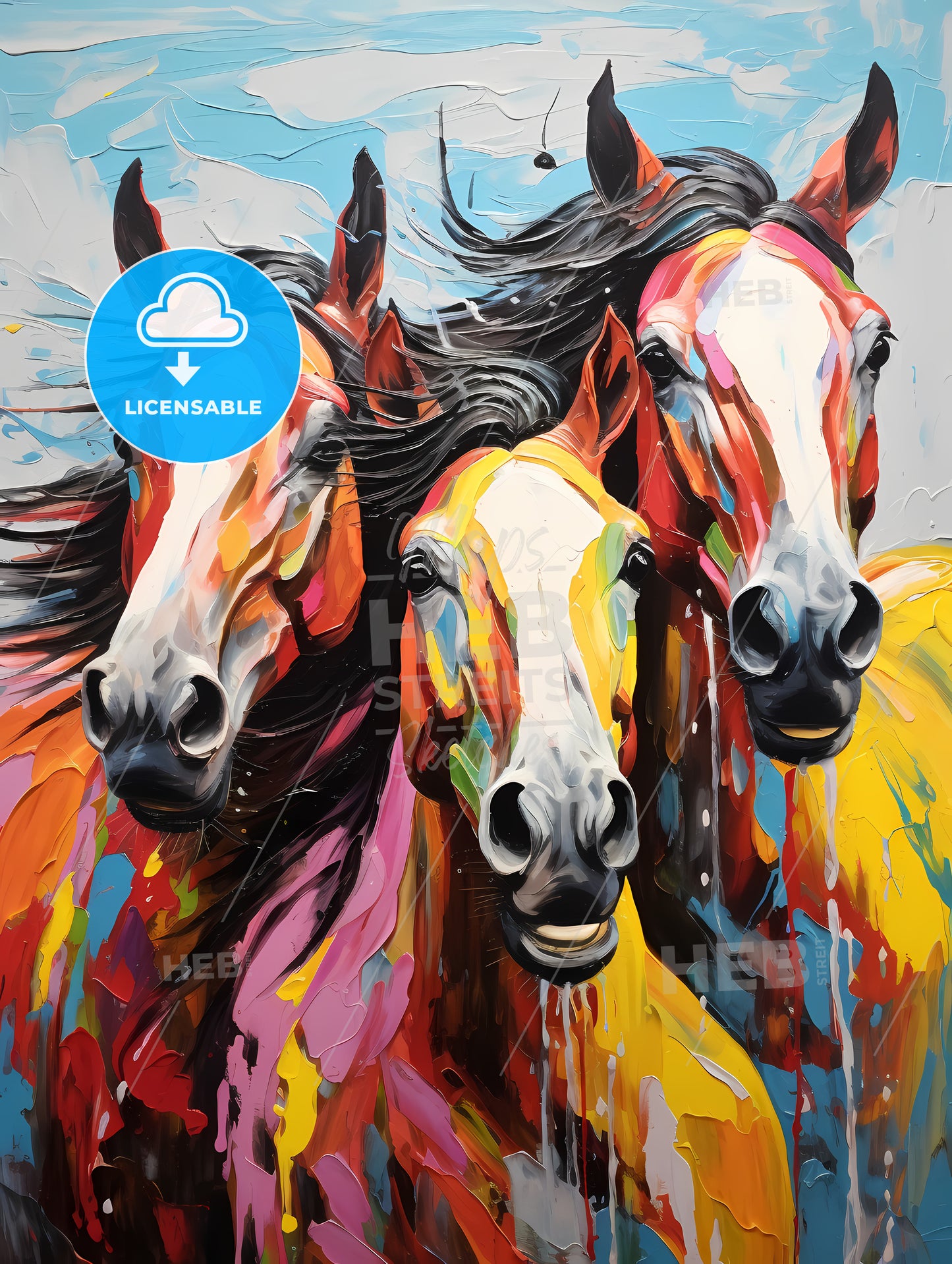 Painting Of Horses With Colorful Paint Splashes