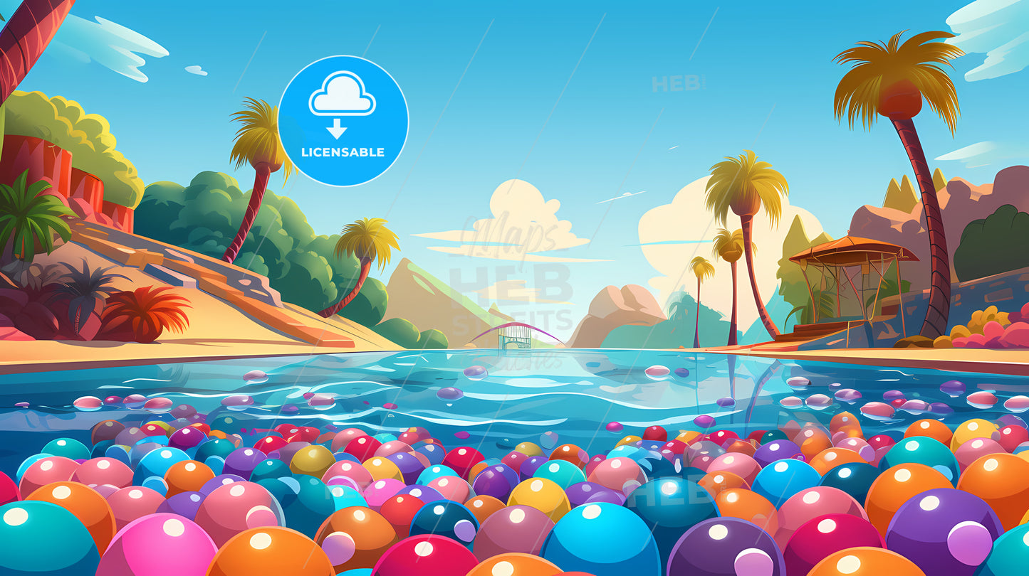 Beach With Colorful Balls And Palm Trees