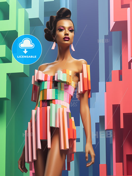 Woman Wearing A Dress Made Of Colorful Strips