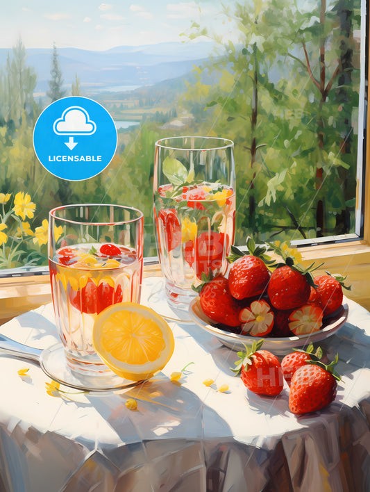 Painting Of A Bowl Of Fruit And Glasses Of Water On A Table