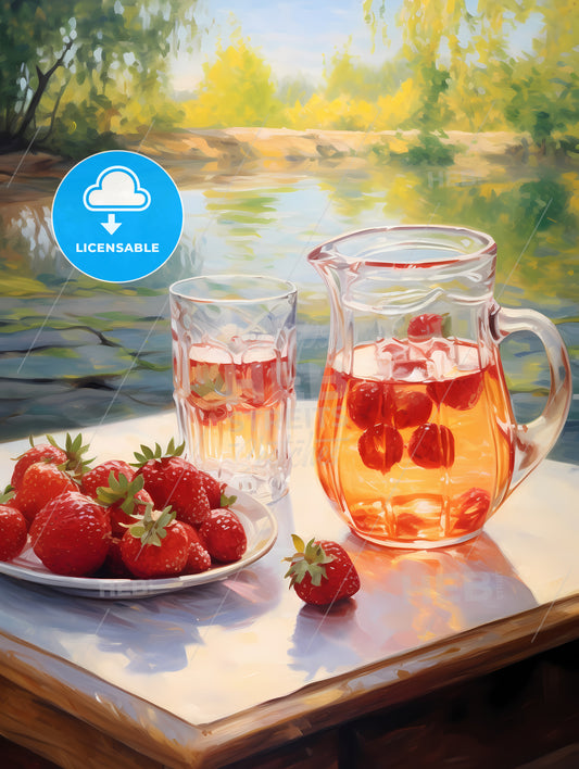 Pitcher And Glass Of Fruit Next To A Plate Of Strawberries