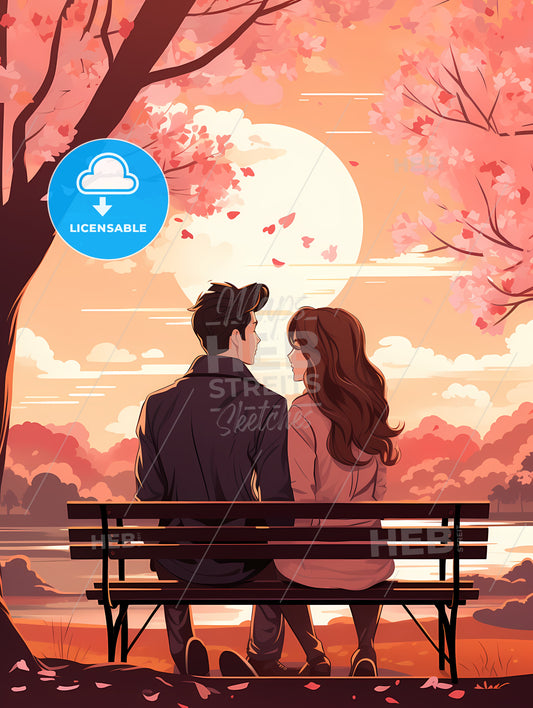 Man And Woman Sitting On A Bench Looking At The Sun