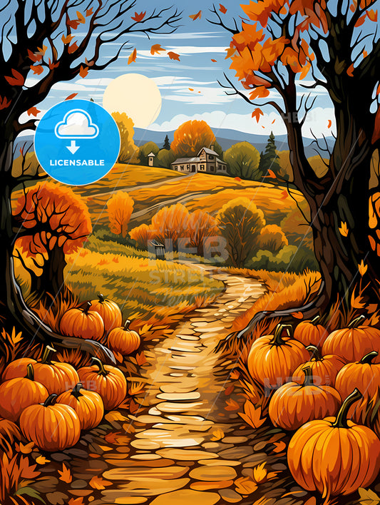 Painting Of A Path With Pumpkins And Trees