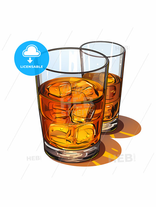 Two Glasses Of Amber Liquid With Ice Cubes
