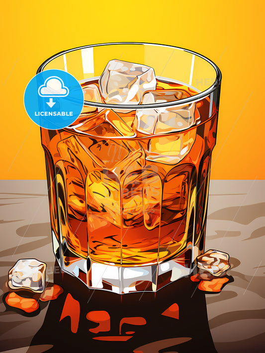 Glass Of Amber Liquid With Ice Cubes