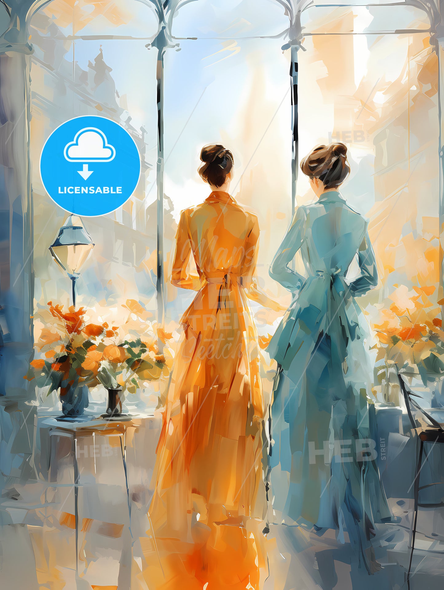 Two Women In Dresses Looking Out A Window