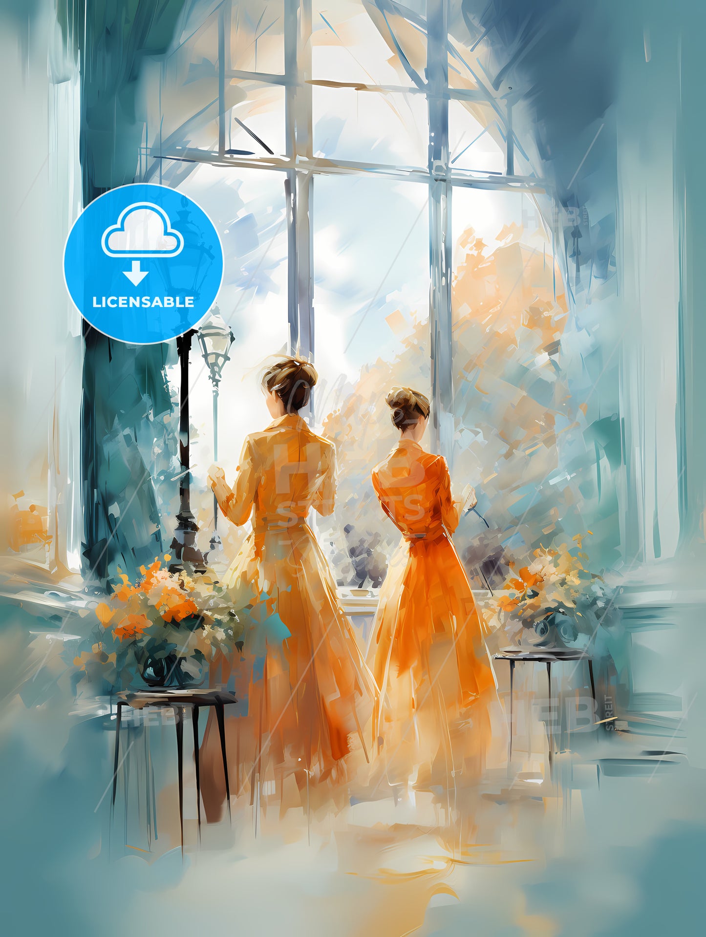 Two Women In Orange Dresses Looking Out A Window