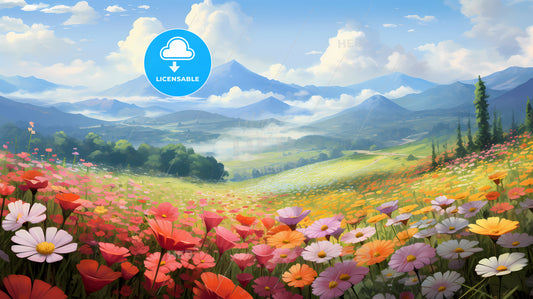 A Field Of Flowers With Mountains In The Background