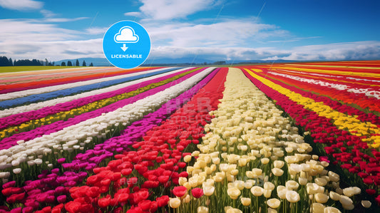 A Field Of Flowers With Blue Sky And Clouds