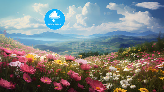 A Field Of Flowers With Mountains In The Background