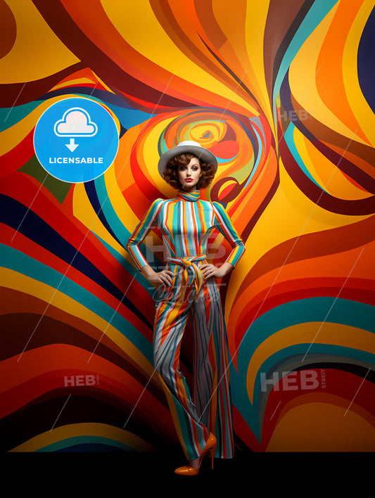 A Woman In A Striped Jumpsuit And Hat Posing In Front Of A Colorful Swirly Wall