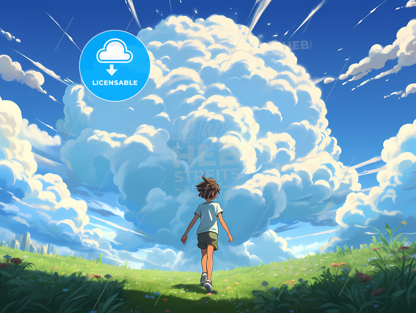 A Cartoon Of A Boy Walking On A Grassy Hill With A Large Cloud Of White Clouds