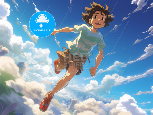 A Cartoon Of A Boy Running In The Air