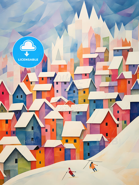 A Painting Of A Group Of Colorful Houses With Snow