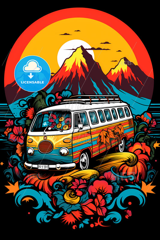 A Van With Flowers And Mountains In The Background