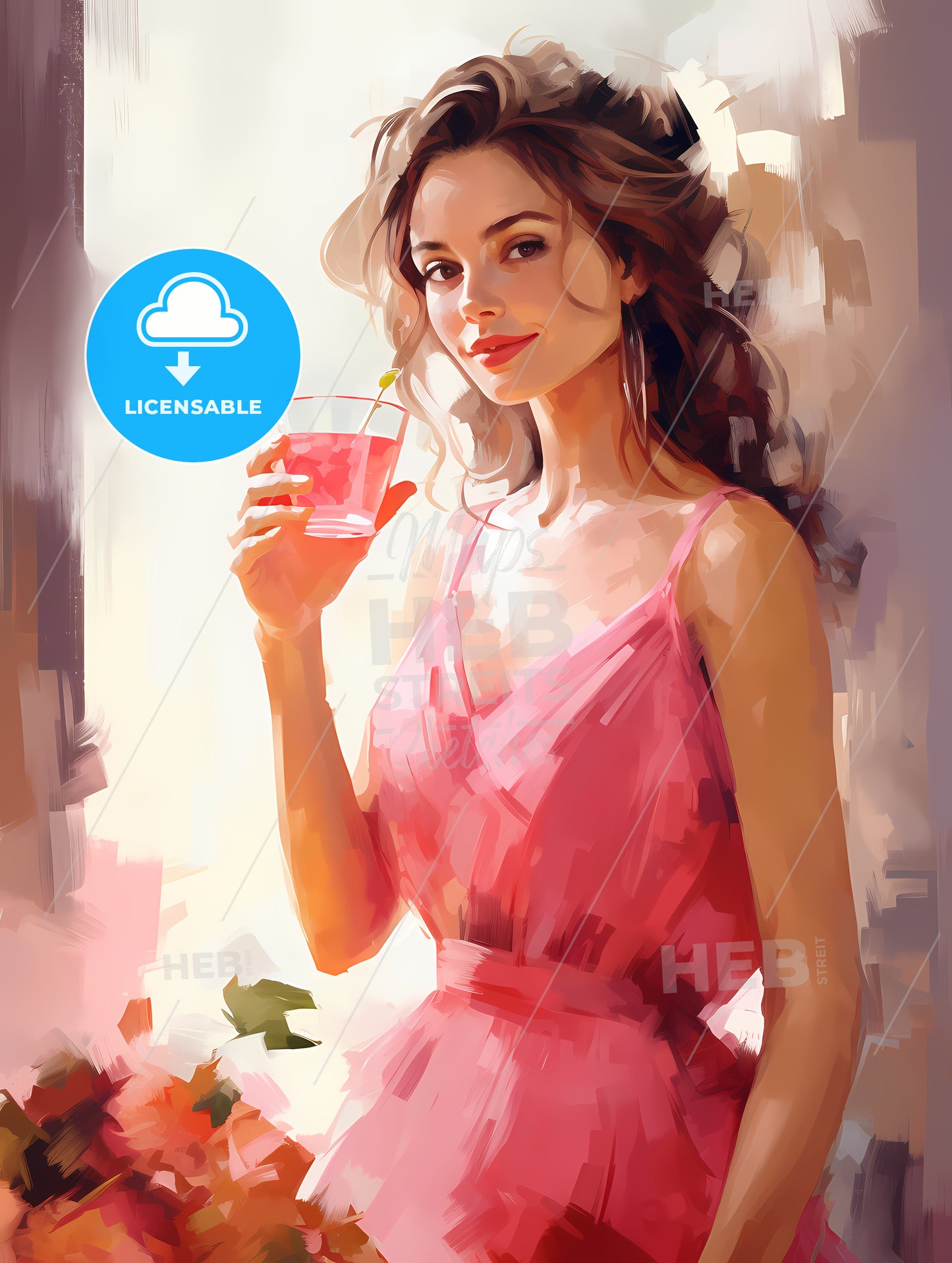 A Woman In A Pink Dress Holding A Drink