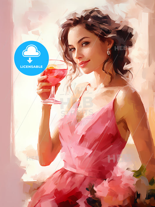 A Woman In A Pink Dress Holding A Glass Of Wine