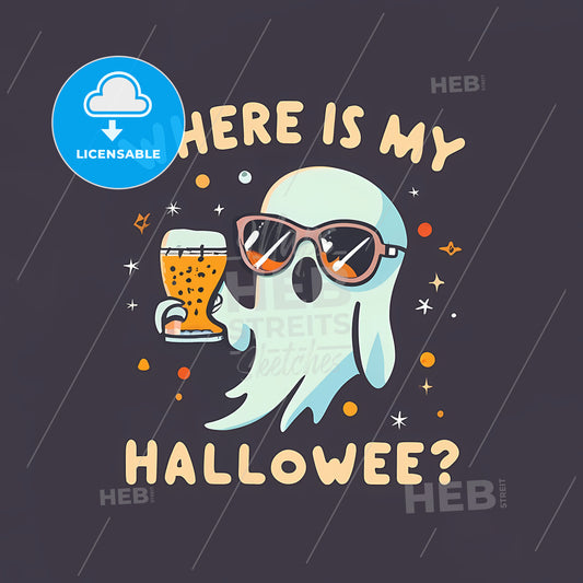 Where Is My Hallowee? - A Cartoon Ghost Holding A Glass Of Beer