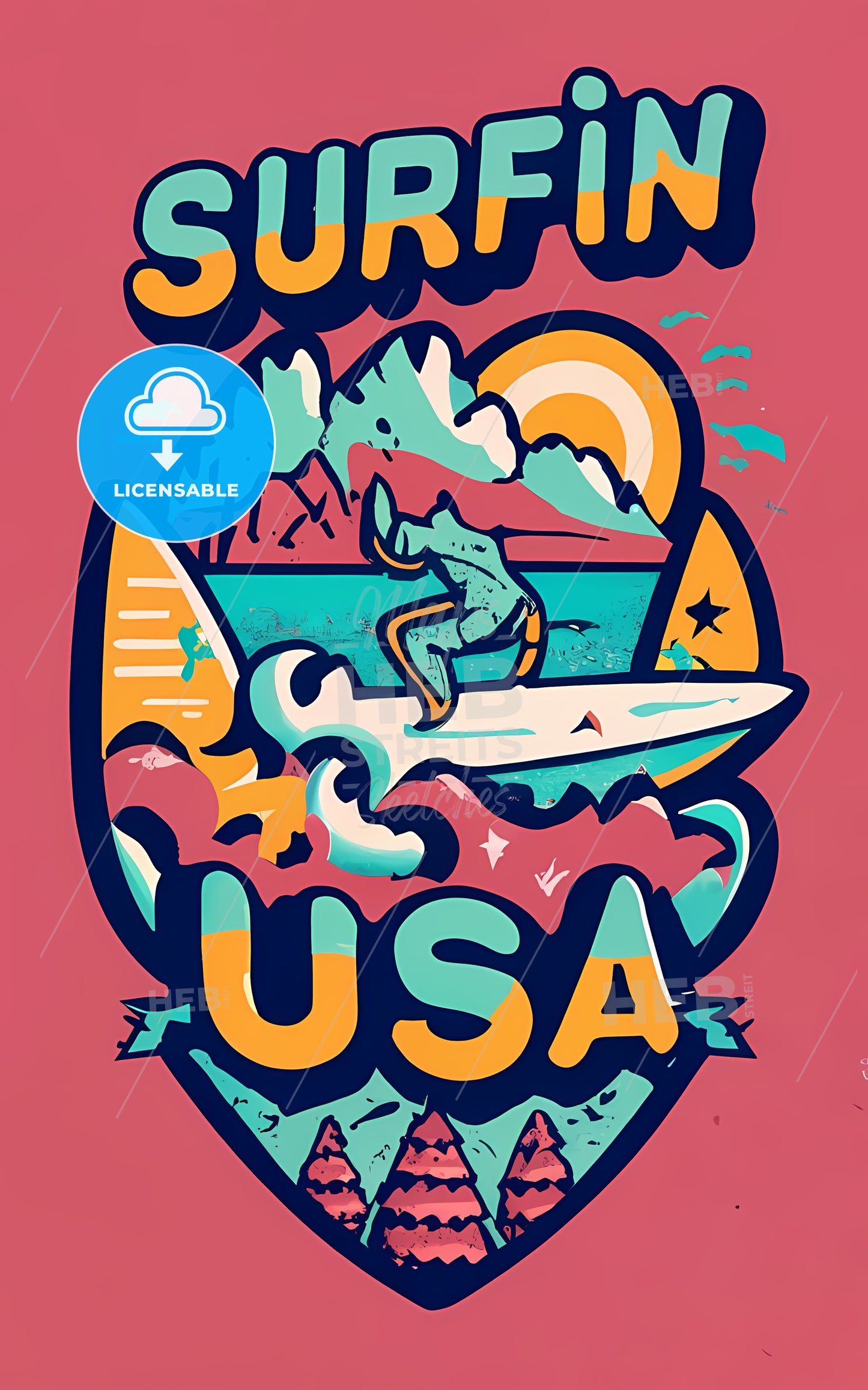 Surfin Usa - A Colorful Logo With A Man On A Surfboard