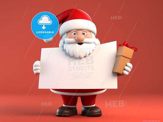 Cartoon Santa Holding A Sign And A Present