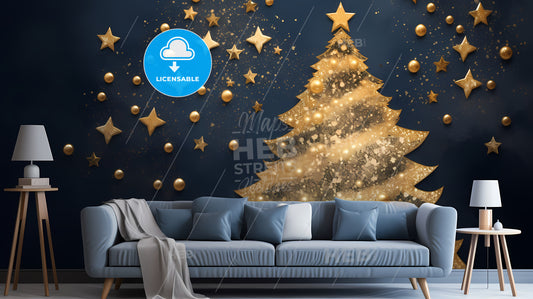 Blue Couch With A Gold Tree And Stars On A Blue Wall
