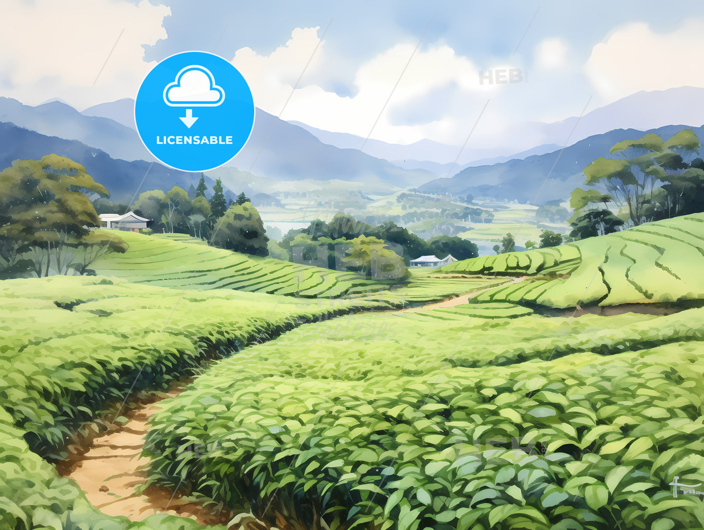 Landscape Of A Green Field With Trees And Mountains