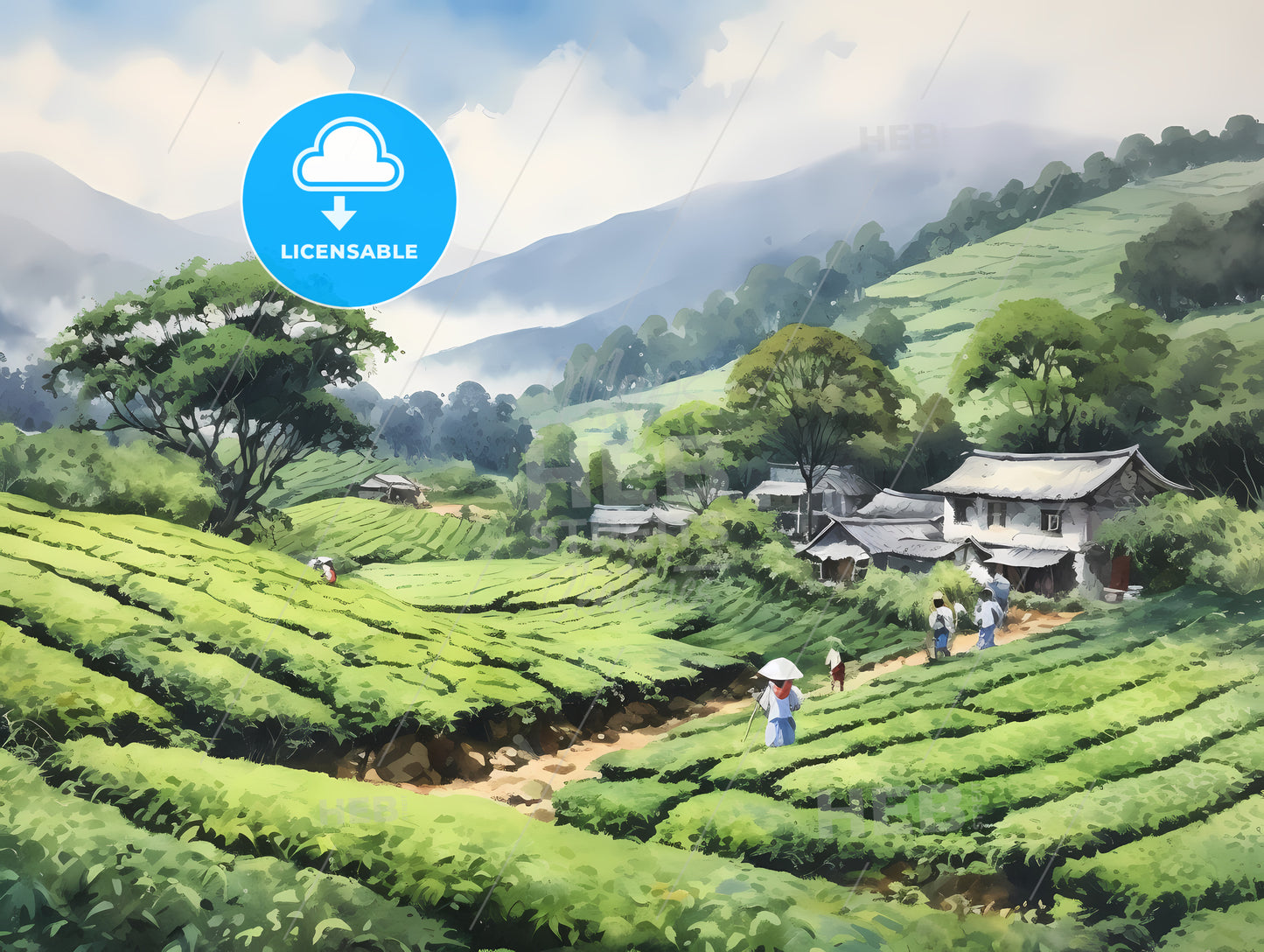 Painting Of People Walking In A Tea Plantation