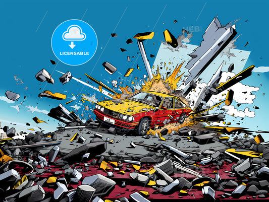 Cartoon Of A Car Crashing Into Rubble