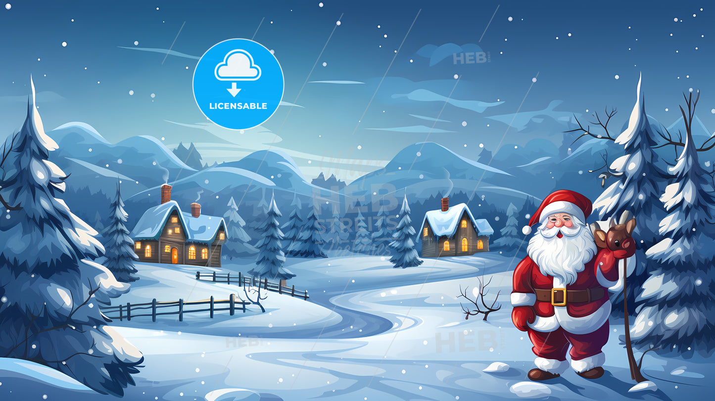 Cartoon Of Santa Claus In A Snowy Landscape