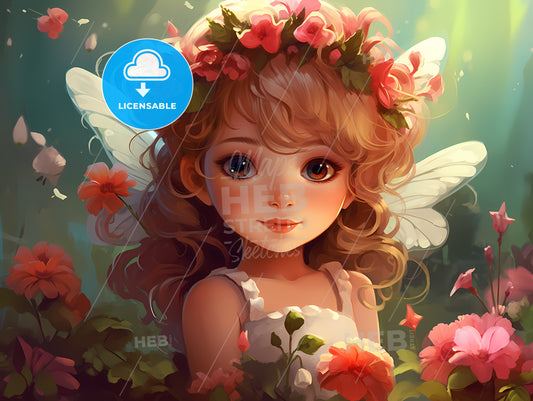 Cartoon Of A Girl With Wings And Flowers