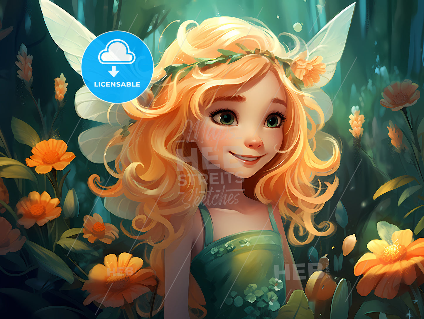 Cartoon Of A Girl With Wings And Flowers