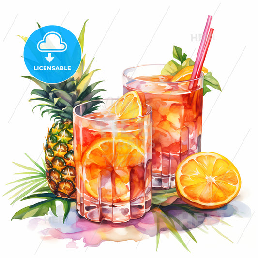 Watercolor Of A Drink With Orange Slices And Pineapples