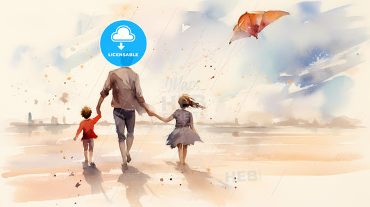 Man And Two Children Walking On A Beach With A Kite