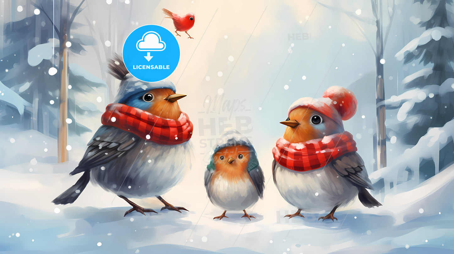 Group Of Birds Wearing Scarves And Hats In Snow